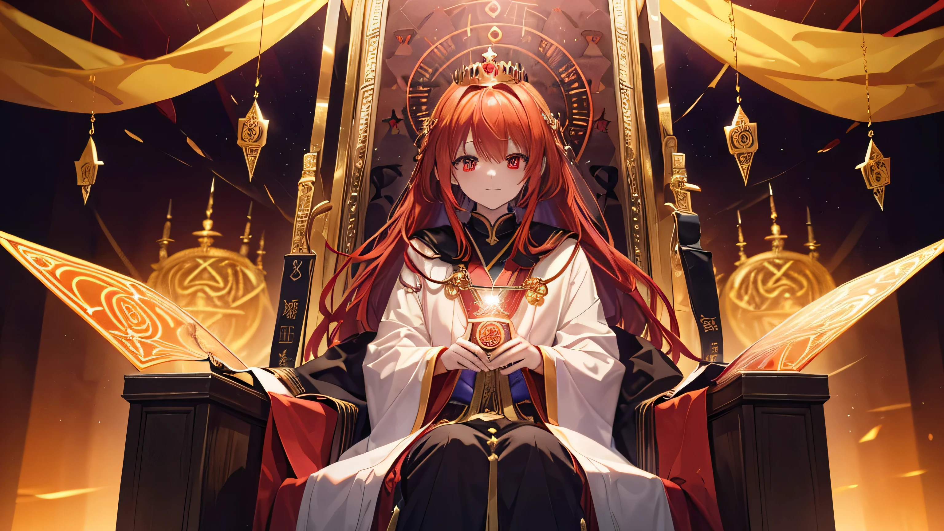 (masterpiece:1.2) ((((Major Arcana Emperor))))　(((Male　Action　Domination　magic circle background)))　((tyranny　male　Red eyes　Red Hair　center　center close-up))　((Osiris))　(((crown　throne))) (((一人のmaleがcrownをかぶりthroneに腰掛け王笏を手にしている構図))) (ankh)　incantation　runes　Shining Background　Shining Edges　16:9 Image Sizes