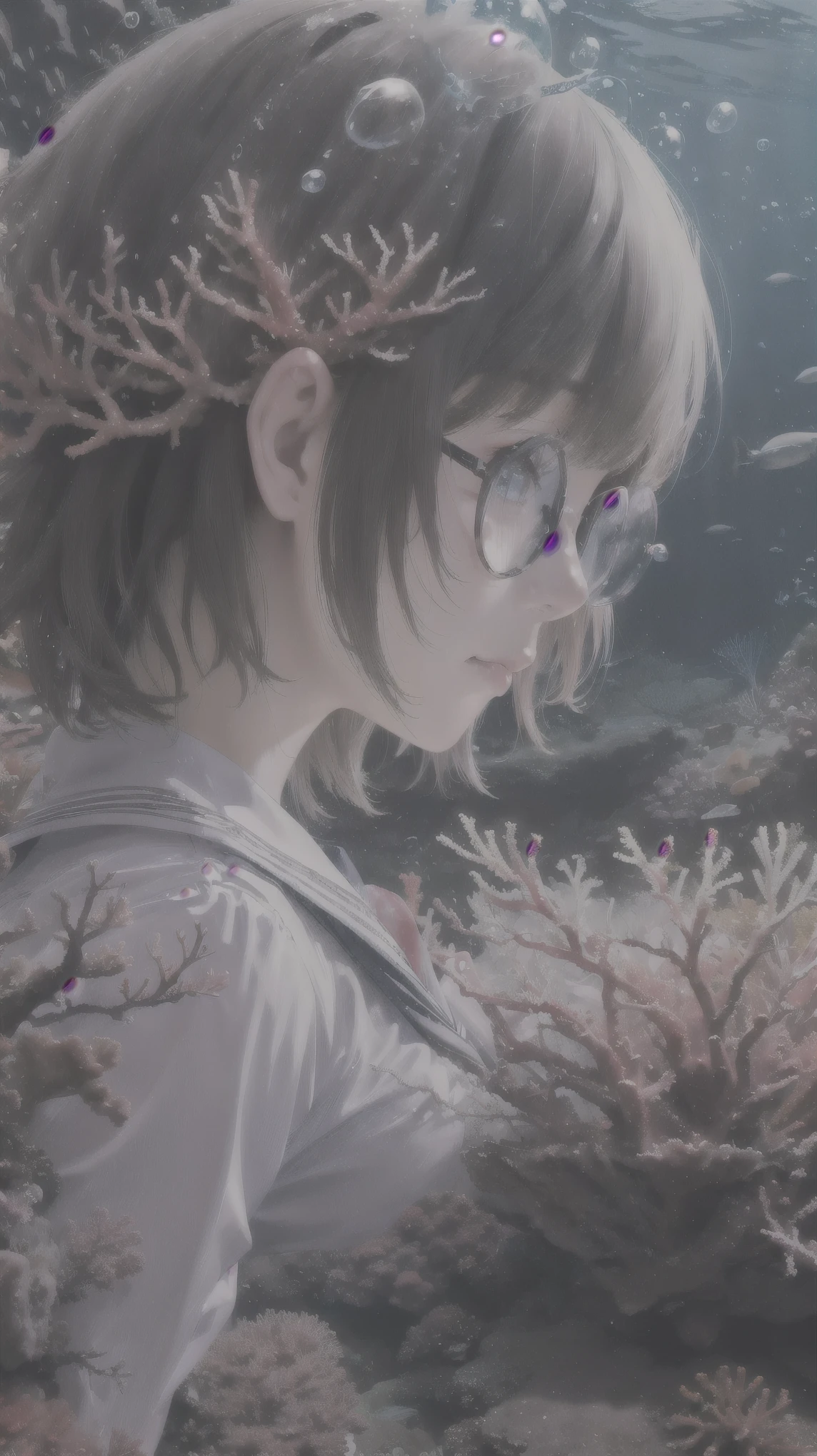 abyss-fc、deep sea、Coral Reef、Light from the sea、Bubble、One girl、uniform、profile、Landscape、Glasses、Beautiful girl、Close-up of face、Highest quality、Masterpiece、Upper Body、solo、