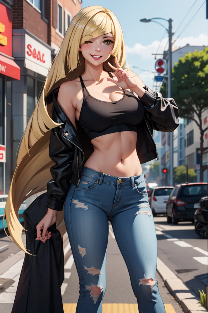 (Masterpiece), Best Quality, ultra-detailed, 1girl (lusamine, Slender and sexy body, Big and pretty breasts, blonde_hair, very long hair (hair over one eye:1.3), yellow eyes, half-closed  eyes), a  seductive face,  wicked smile, parted lips, solo, black leather jacket,  white tank_top, navel,  denim  hot pants, outdoors, street,  standing, Sexy waist teasing 