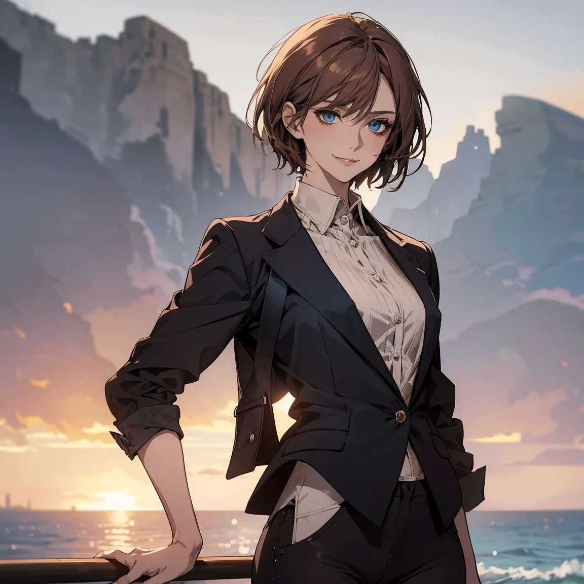 (Highest quality,High resolution,Very detailed),1 girl, Beautiful and elegant light blue eyes, Brown Hair, Cold Smile,short hair, Jacket,skinny pants, Mature Woman, Age 26,Cruel smile, Calm and Calm, Slim figure, Pale complexion, thin, Calm,Small breasts, secretary,Seaside at dawn