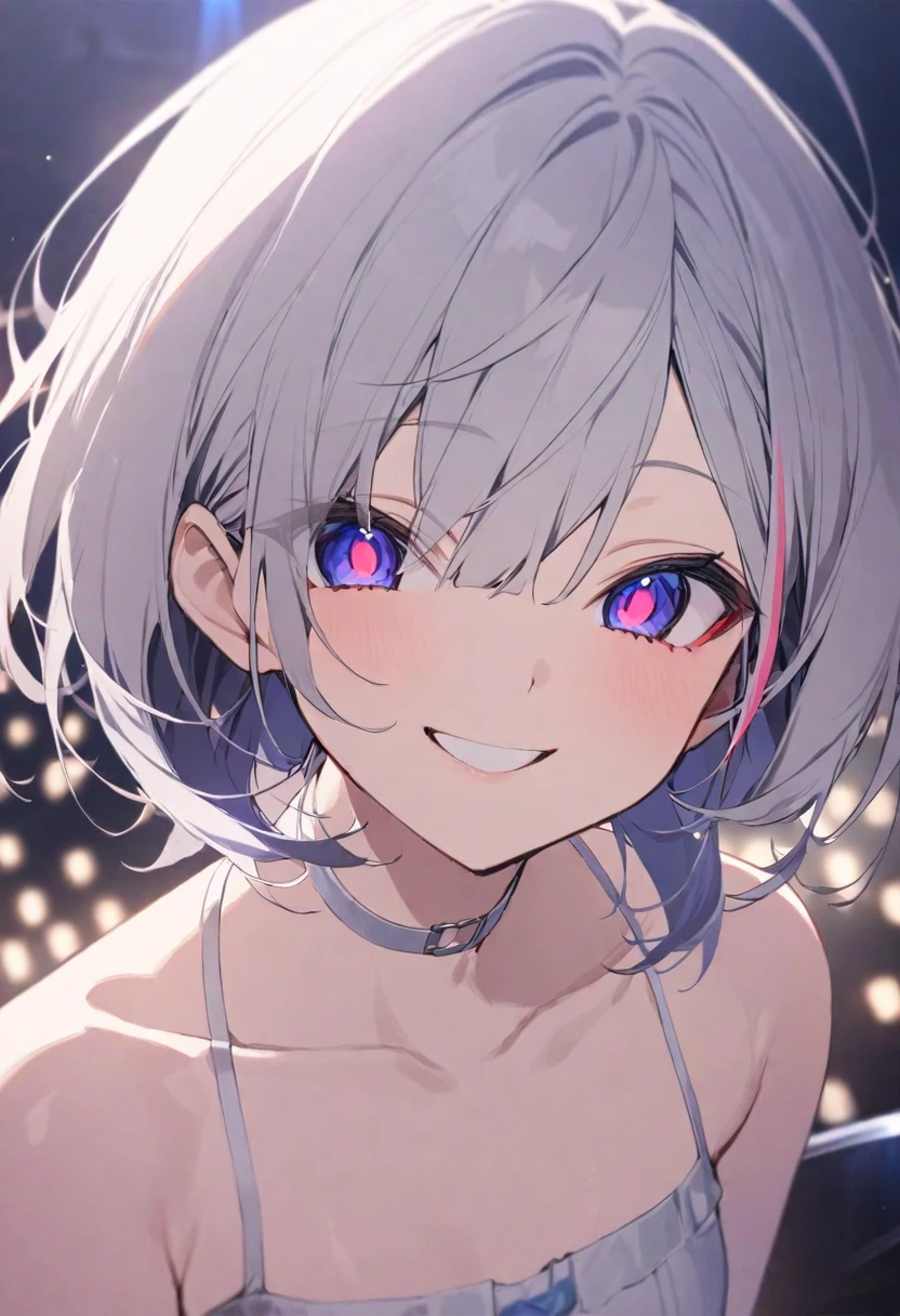best quality, masterpiece, Ultra-high resolution, Movie Lighting, (Fuji Color: 1.2) portrait, 1 girl, vtuber style, cool girl, hololive, vtuber, amane kanata, multicolored hair, grey hair, sharp eyes, small chest, collarbone, For the audience, Smile, (Close-up of face), Looking at the audience,