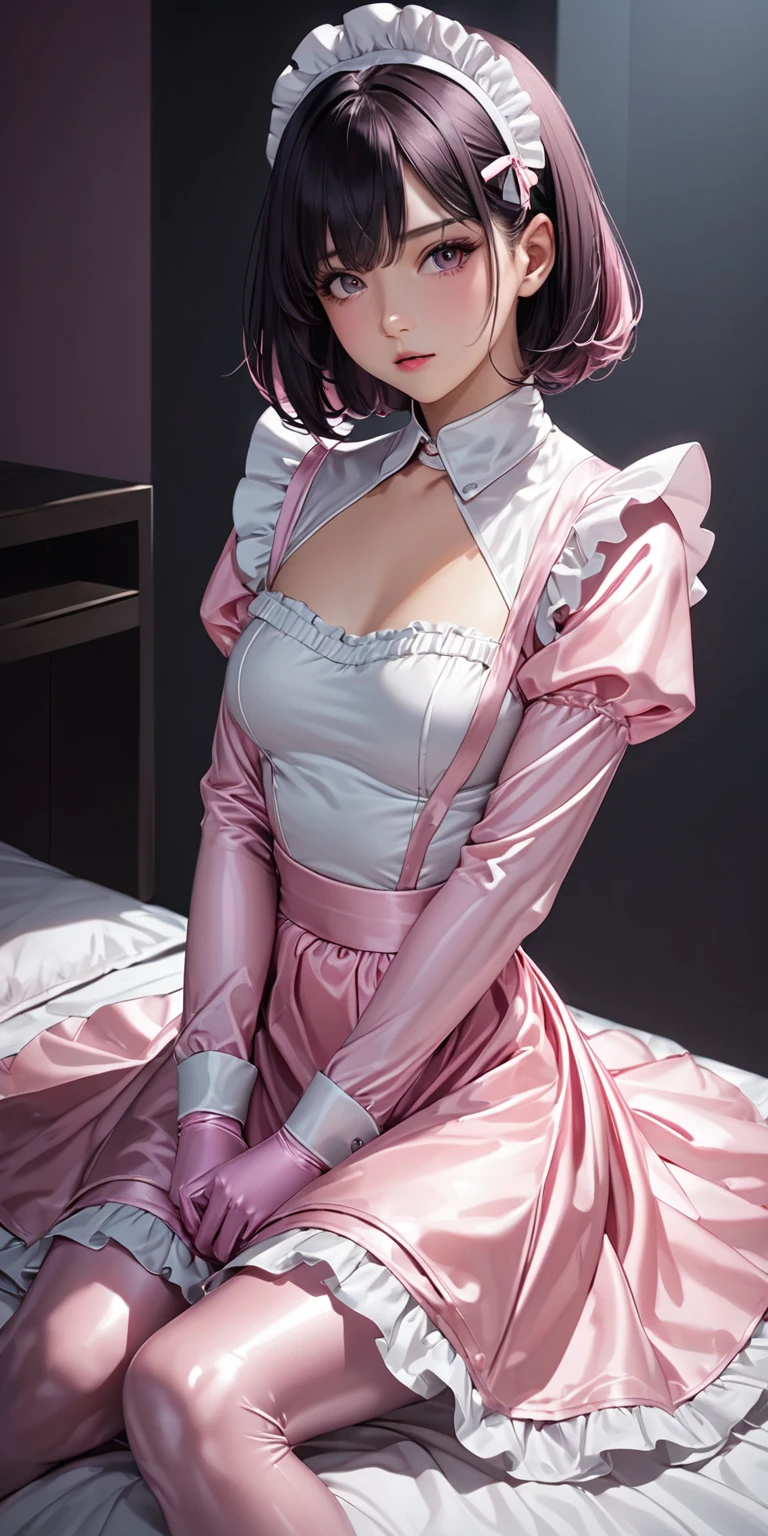 Portraiture、(masterpiece,Highest quality,Ultra-high resolution),Japanese women, Bob Hair、(((Very beautiful 25 year old girl)))、(She is wearing a shiny light pink satin long sleeve maid outfit..)、The dress has a simple design without any patterns...、(((Pale pink satin long skirt)))、Pale pink satin gloves、((Pale pink satin bodysuit))、Sitting on a bed in a dark room