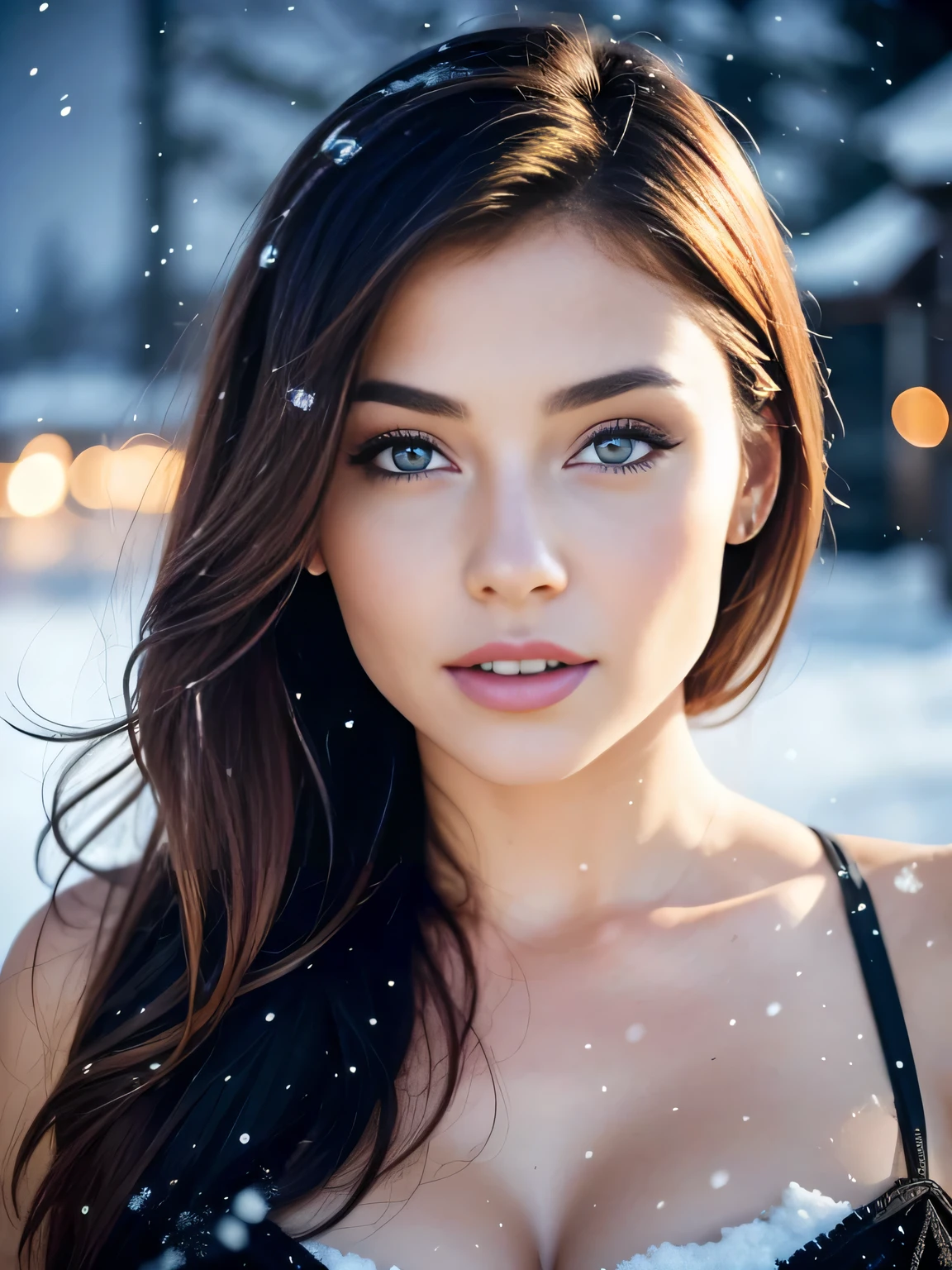 (Extreme Close up portrait:1.3), (from above:1.2). an ultra hot gorgeous European woman, age 23, she’s a playmate, men magazine model. Flirts with camera, subtle smil. Auburn wawy hair. (she’s standing in a snowy village at night:1.4) Perfect anatomy, perfect hair, perfect breast, perfect body, perfect hands, perfect face, UHD, retina, masterpiece, accurate, anatomically correct, textured skin. Winter starry night, northern lights