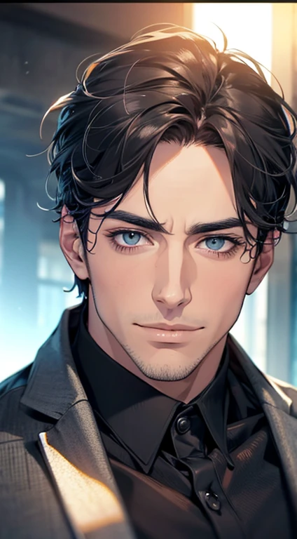 (best quality,4k,8k,highres,masterpiece:1.2),ultra-detailed,(realistic,photorealistic,photo-realistic:1.37),1 man,31 years old,mature man,very handsome,without expression,smile,short grey black hair,blue eyes,penetrating gaze,perfect face without errors,imposing posture,businessman,office background,cinematic lighting,hdr image