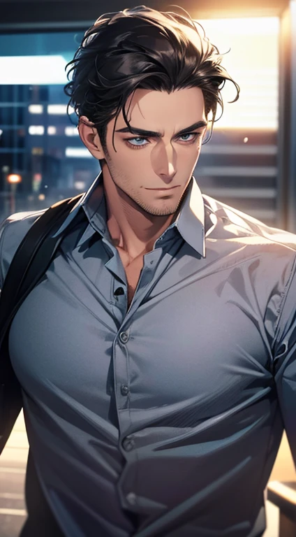 (best quality,4k,8k,highres,masterpiece:1.2),ultra-detailed,(realistic,photorealistic,photo-realistic:1.37),1 man,31 years old, man,very handsome,without expression,smile,short grey black hair,blue eyes,penetrating gaze,perfect face without errors,imposing posture,businessman,office background,cinematic lighting,hdr image