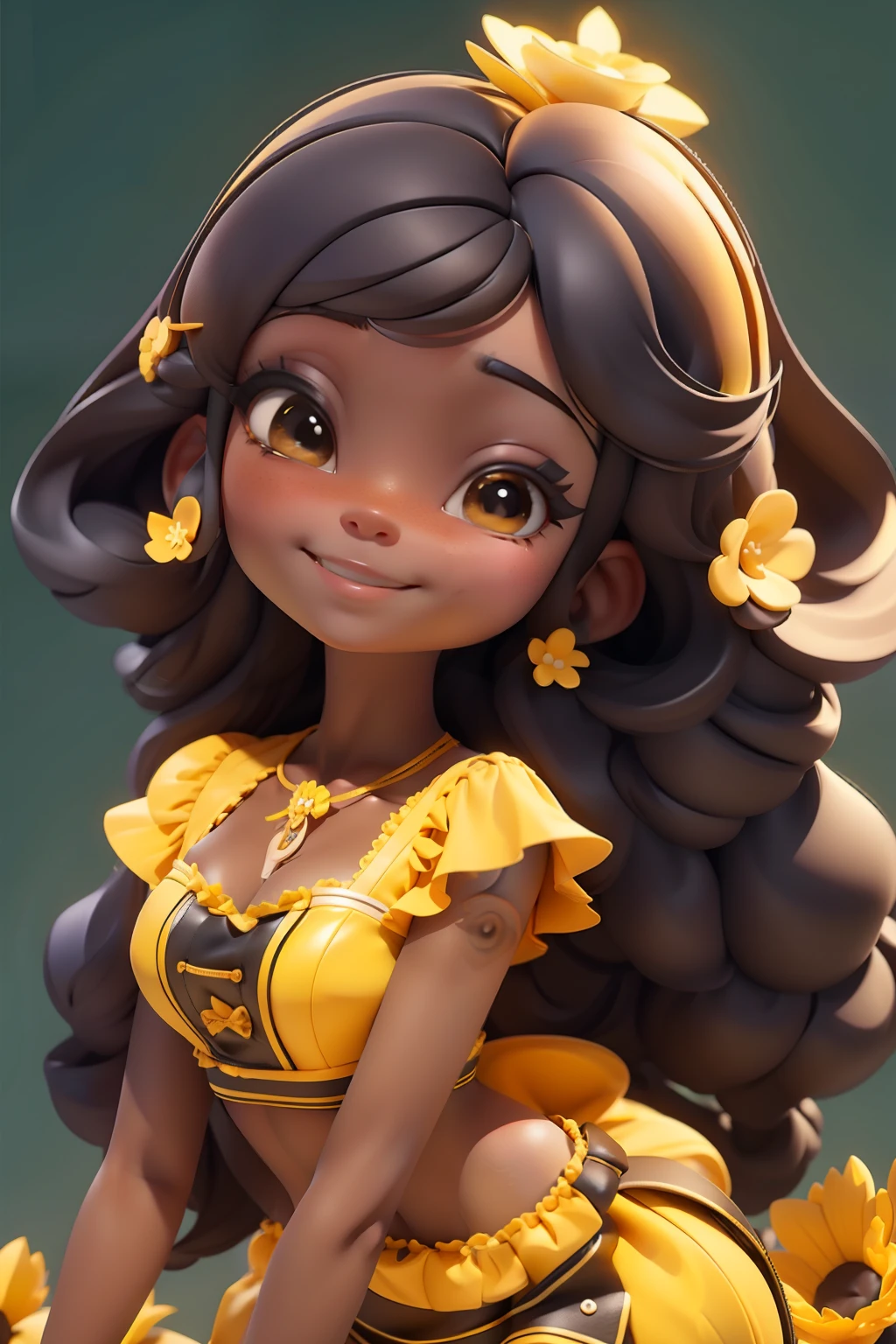 black fairy avatar, yellow and black tones, sweet and delicate smile, shiny wings, dressed in a dungaree, fully body,clear skin and delicate, defined eyes,3D cartoon with delicate blouse,, furry coat, multicolored hair, simple white background