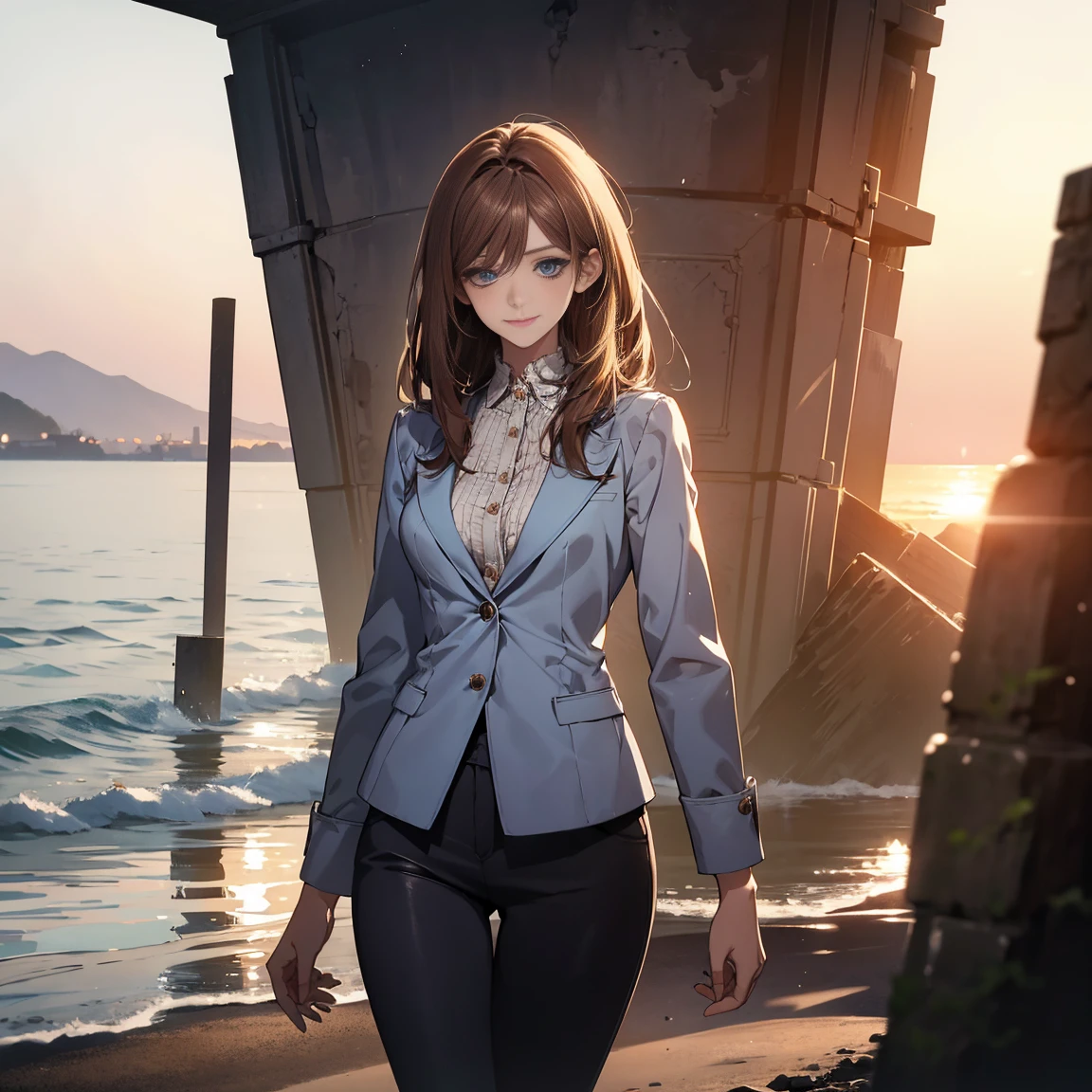 (Highest quality,High resolution,Very detailed),1 girl, Beautiful and elegant light blue eyes, Brown Hair, Cold Smile,Bob Hair, Jacket,skinny pants, Mature Woman, Age 26,Cruel smile, Calm and Calm, Slim figure, Pale complexion, thin, Calm,Small breasts, secretary,Seaside at dawn