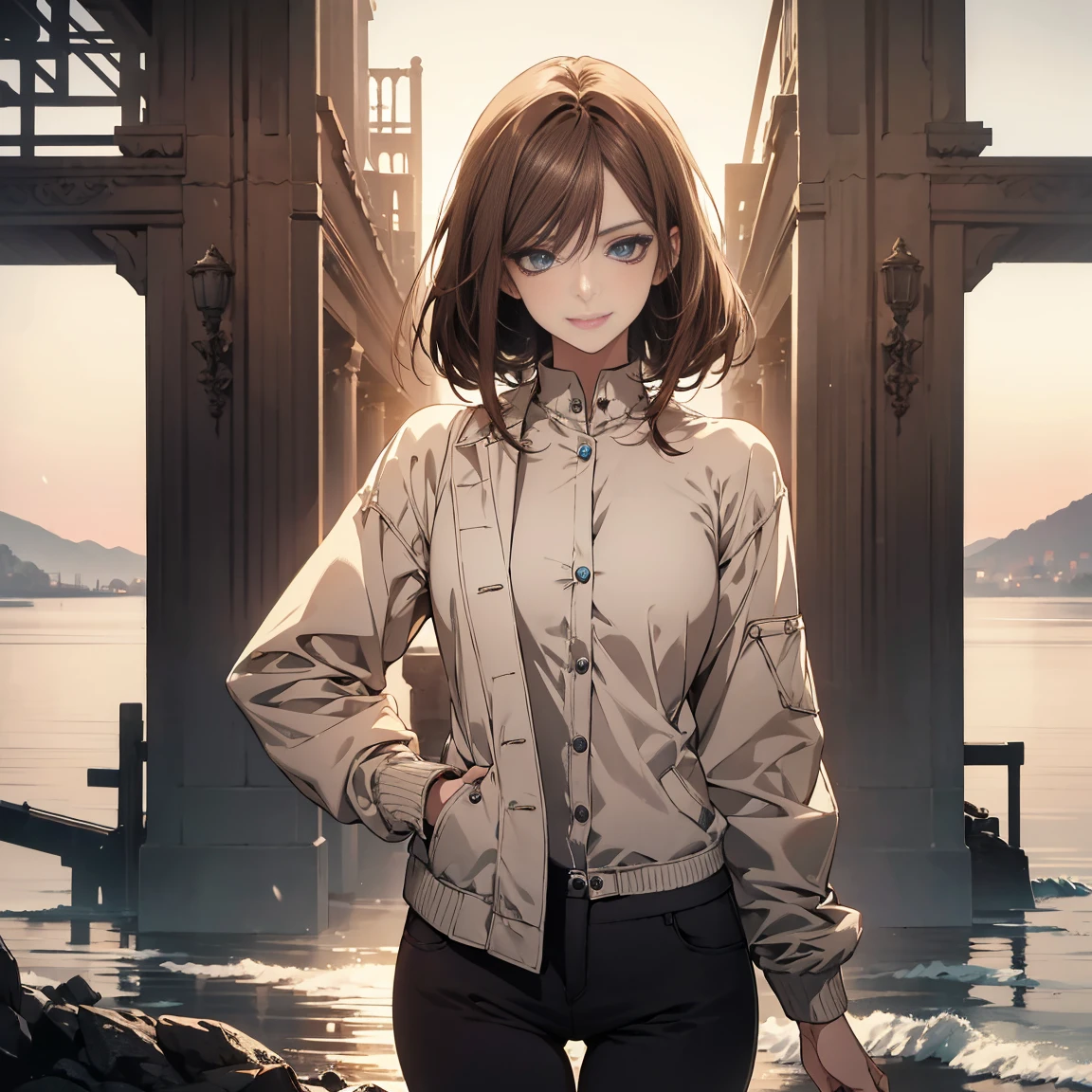 (Highest quality,High resolution,Very detailed),1 girl, Beautiful and elegant light blue eyes, Brown Hair, Cold Smile,Bob Hair, Jacket,skinny pants, Mature Woman, Age 26,Cruel smile, Calm and Calm, Slim figure, Pale complexion, thin, Calm,Small breasts, secretary,Seaside at dawn