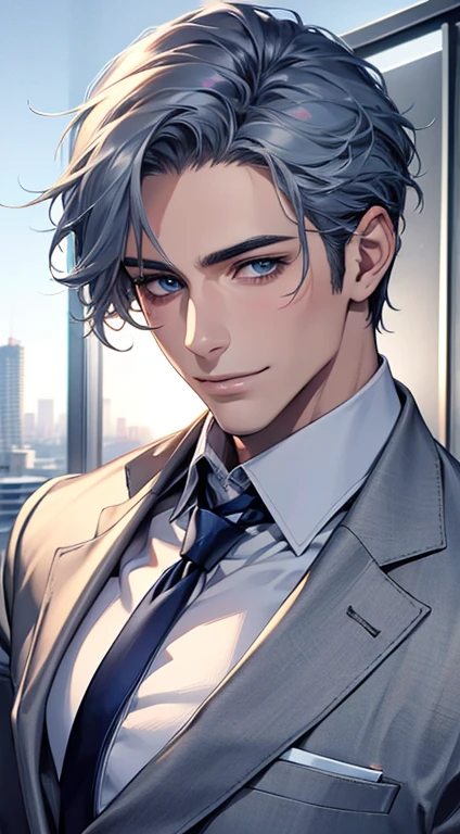 (Highest quality,4K,8K,High resolution,masterpiece:1.2),Super detailed,(Realistic,photoRealistic,photo-Realistic:1.37),1 person,31 years old,Mature Men,Beautiful skin, very handsome,Expressionless,smile in love,Short gray blue hair,blue eyes,Sharp Eyes,A perfect face without a doubt,Businessman, CEO,Office Background,Cinema Lighting,HDR image,tie、