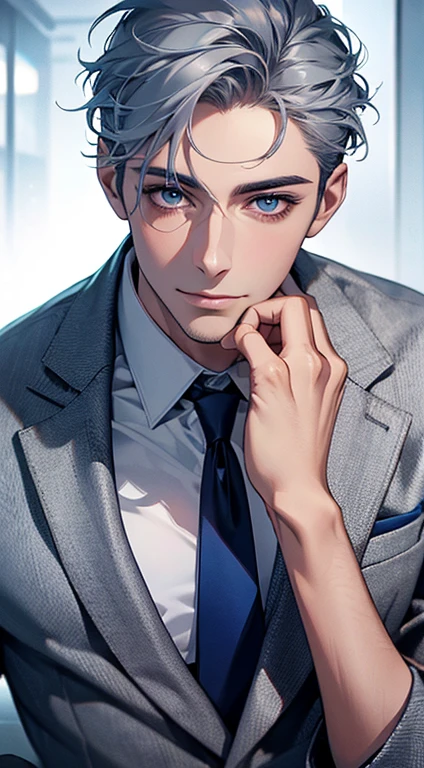 (Highest quality,4K,8K,High resolution,masterpiece:1.2),Super detailed,(Realistic,photoRealistic,photo-Realistic:1.37),1 person,31 years old,Mature Men,Beautiful skin, very handsome,Expressionless,smile in love,Short gray blue hair,blue eyes,Sharp Eyes,A perfect face without a doubt,Businessman, CEO,Office Background,Cinema Lighting,HDR image,tie、