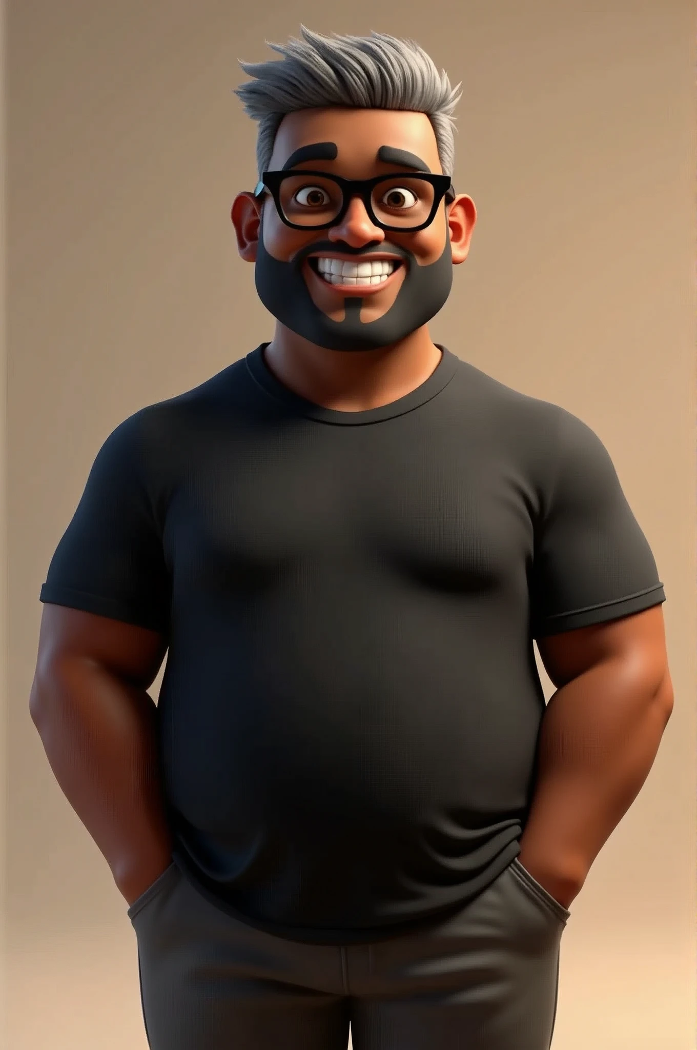 Cartoon character of a middle-aged black man with short hair pinned behind, wearing black glasses. Stylized character, animation style rendering, 3D stylized, Arnold Maya render, 3D stylized render, toon render Keyshot, 3D character, 3D stylized rendering, cartoon character, character close-up, character pose, Pixar style, high quality, cinematic lighting, sharp focus, detailed texture, detailed skin, clay, bokeh, 8K.
The man should have the following characteristics: Middle-aged man with a strong, slightly overweight build, hands casually relaxed. His skin tone is dark brown with a warm undertone. He has a trimmed beard and neatly styled gray hair. He wears modern black glasses. His eyebrows are thick and well-defined, and his eyes are brown, conveying warmth and friendliness. The man is dressed in an oversized black t-shirt and dark gray pants without a belt.
Incorporate the following ancestry characteristics: 43% European (17% Iberian and 17% Western European, including Germany, France, and the Netherlands), 4% Sephardic Jewish, 3% Fennoscandian, less than 2% Balkan and Lapland and Volga-Ural, 41% from the Americas, 9% from the Middle East and Maghreb, and 7% from Africa.