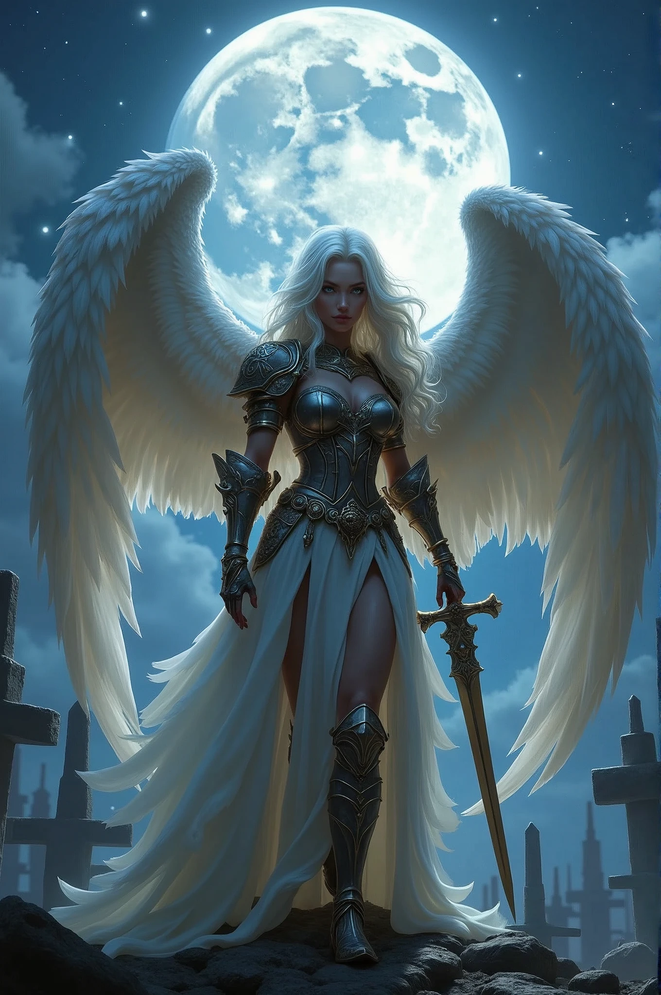 an epic fantasy art portrait of aasimar, female, paladin ready for battle under the full moon, holy warrior, spread large feathered wings, majestic wings, white angelic wings spread (Masterpiece, intense details: 1.5), moon light, moon, stars, clouds, holy symbol, armed with a divine sword, wearing holy armor, dynamic hair color, dynamic hair style, dynamic skin complexion, dark fantasy cemetery background, anatomically correct (Masterpiece 1.3, intense details), angel_wings, determined face, god rays, cinematic lighting, glowing light, silhouette, from outside, photorealism, panoramic view (Masterpiece 1.3, intense details) , Wide-Angle, Ultra-Wide Angle, 16k, highres, best quality, high details, 16K, ultra detailed, masterpiece, best quality, (extremely detailed), arafed, dnd art, portrait, full body,