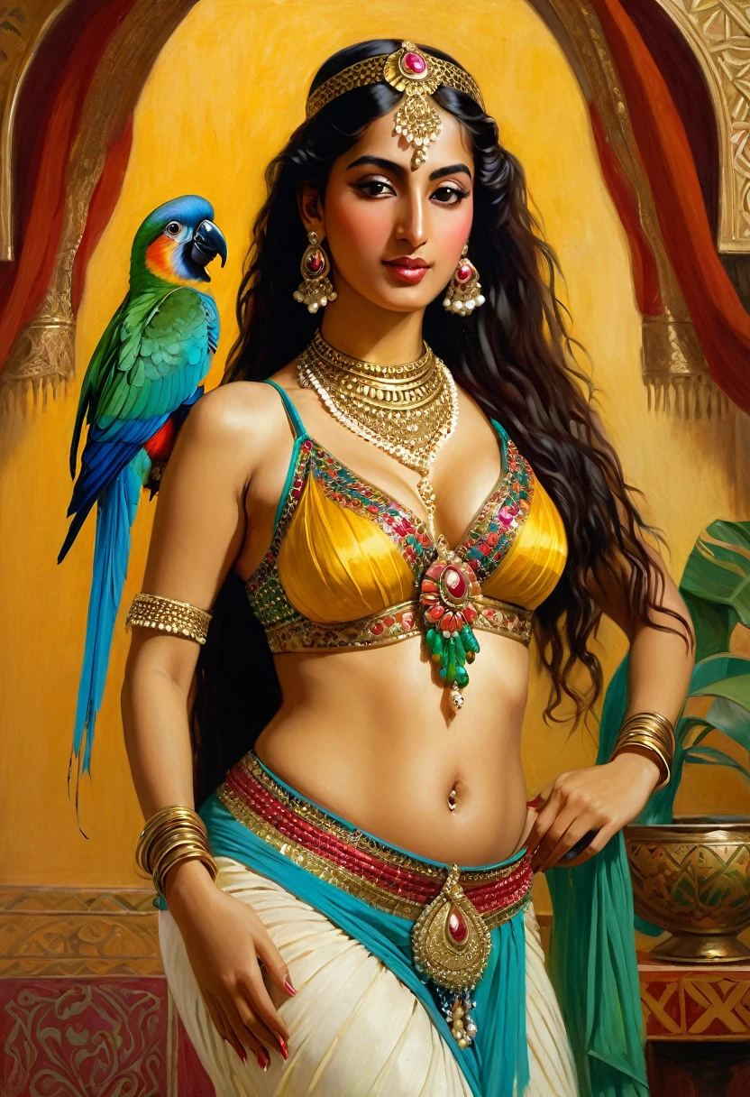 painting of a woman in a belly dance with a parrot on her shoulder, inspired by Raja Ravi Varma, arabian princess, arabian beauty, orientalism painting, arabian art, inspired by Osman Hamdi Bey, persian princess, inspired by Altoon Sultan, arab princess, indian goddess of wealth, traditional beauty, she is dressed as a belly dancer, exotic costumes