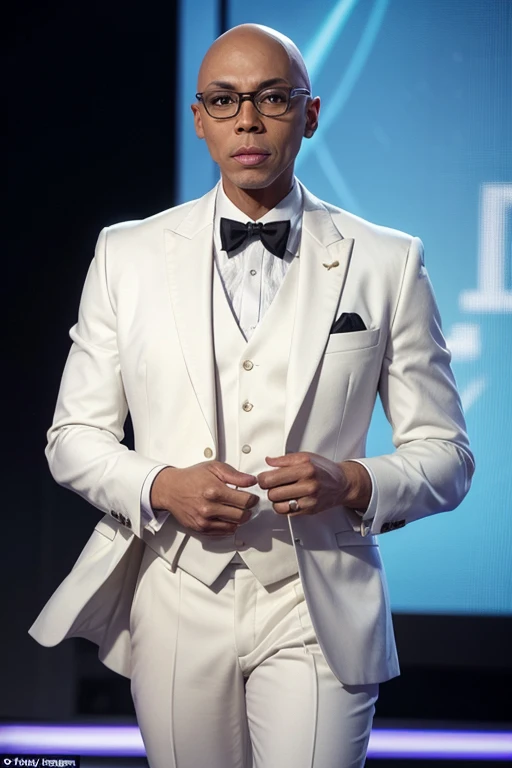 Create a 50-year-old bald black male character dressed in a white suit based on presenter Rupaul, fully body