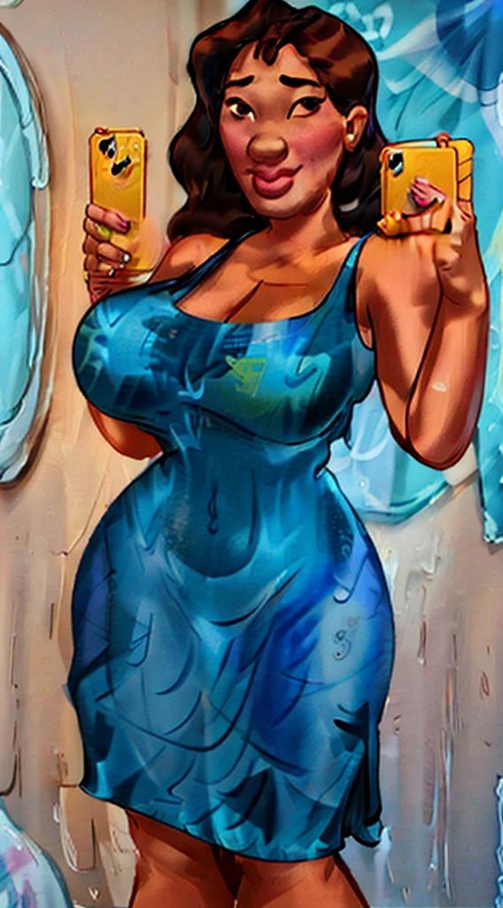 araffe 1girl (naniwaifu:1), (16yearsold), s old, young divine feminine girly, angelically face, brow skin, black skin, brown sugar skin, detailed realistic skin, cute , gorgeous, naughty, large huge shaped worked buttocks, taking a selfie in a bathroom mirror,(( tie_dye print tight dress)), tight attire, ((skintight mini dress)), skinny waist and thick hips, big sexy booty, sexy dress, short Lycra minidress, slluty girl , doujin 16 yearthicc, voluptuous photo of slim girl, huge saggy breasts , devil smile, in tie_dye print tight short dress, hyper intricate detailed,