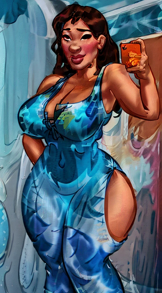 araffe 1girl (naniwaifu:1), (16yearsold), , young divine feminine girly, angelically face, brow skin, black skin, brown sugar skin, detailed realistic skin, cute , gorgeous, naughty, large huge shaped worked buttocks, taking a selfie in a bathroom mirror,(( tie_dye print tight dress)), tight attire, ((skintight mini dress)), skinny waist and thick hips, big sexy booty, sexy dress, short Lycra minidress, slluty girl , doujin 16 years olduptuous photo of slim girl, huge saggy breasts , devil smile, in tie_dye print tight short dress, hyper intricate detailed,