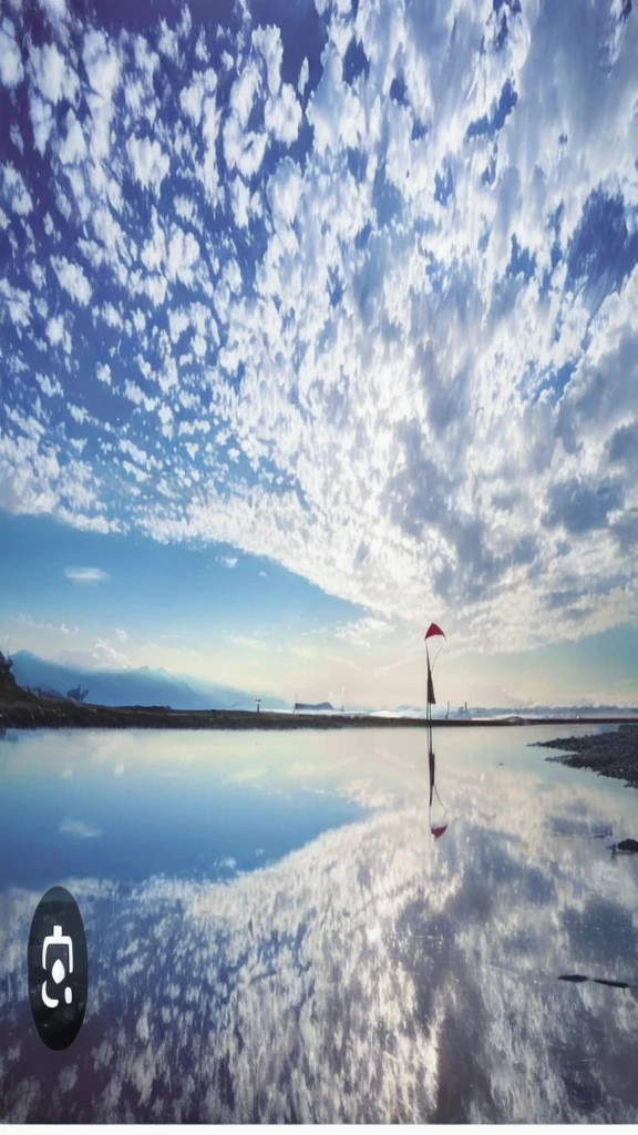 A stunning high-resolution video clip capturing the beauty of a coastal scene under a sky filled with scattered clouds. The scene features a calm body of water reflecting the sky above, creating a mirror-like effect. In the distance, a person holding a red umbrella is silhouetted against the bright sky, adding a touch of life to the tranquil landscape. The colors are vibrant, with shades of blue dominating the sky and water, and the overall atmosphere is serene and captivating. Every detail is rendered with perfect clarity, from the reflections in the water to the texture of the clouds.High resolution, Highest quality, High-resolution model,