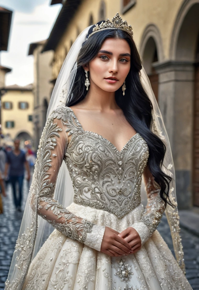 (full body shot) photorealistic image of a bride, ultrarealistic, long black hair, woman, 24 years old, blur background, she is wearing a beautiful medieval style wedding dress studded with stones and diamond tiara, is posing in a Florence street, intricate details, highly detailed, 4k, HDR