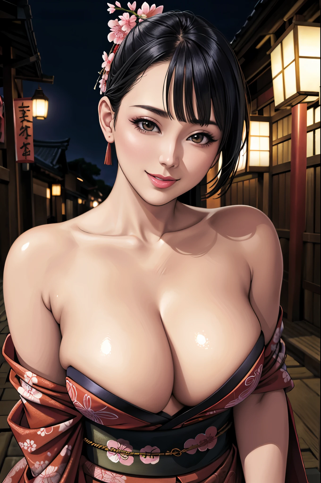 (Browsing Caution), (RAW Photos), (Realistic), (Photorealistic), Ultra-high resolution, masterpiece, Highest quality, Portraiture, facial Portraiture, Perfect lighting, Detailed lighting, Dramatic Shadows, Ray Tracing, Pure Eros Face_v1, Urzan-6500-v1.1, ((smile)), random sexy pose, cowboy shot, looking at viewer, ((wearing a sexy kimono)), ((in old Japanese street)), (((bare shoulders))), ((night)), ((background with SAKURA)), ((Japanese YAKUZA tattoo)),