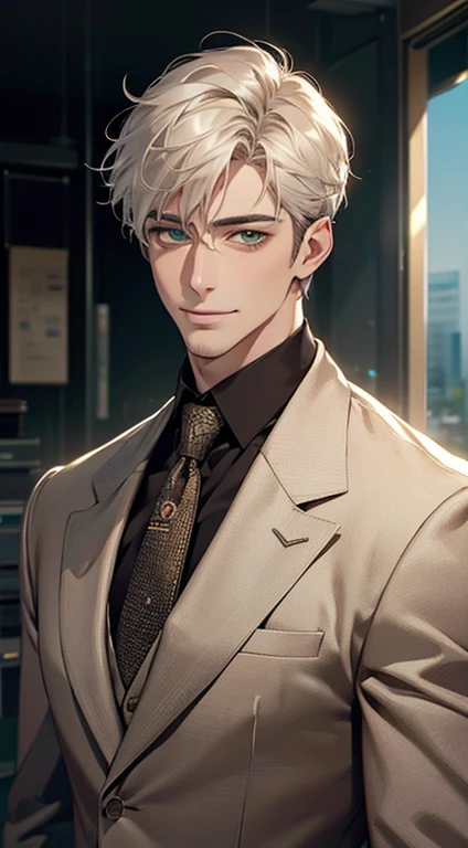 (Highest quality,4K,8K,High resolution,masterpiece:1.2),Super detailed,(Realistic,photoRealistic,photo-Realistic:1.37),1 person,34 years old,Mature Men,Beautiful skin、very handsome,Expressionless smile in love,Short white hair,green eyes,Sharp Eyes,A perfect face without a doubt,Businessman, CEO, Office Background,Cinema Lighting,HDR image,tie、