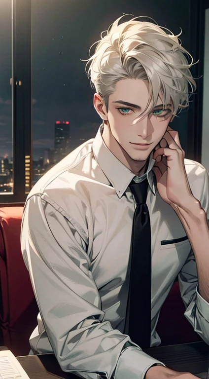 (Highest quality,4K,8K,High resolution,masterpiece:1.2),Super detailed,(Realistic,photoRealistic,photo-Realistic:1.37),1 person,34 years old,Mature Men,Beautiful skin、very handsome,Expressionless smile in love,Short white hair,green eyes,Sharp Eyes,A perfect face without a doubt,Businessman, CEO, Office Background,Cinema Lighting,HDR image,tie、