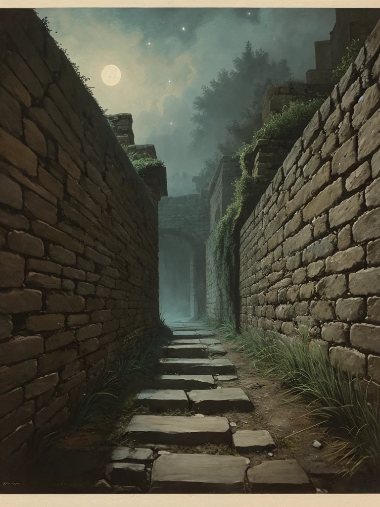 stone wall,blind alley,high wall right in front of me,dead end,no passage,midnight,absolutely darkness,realistic picture,19th century