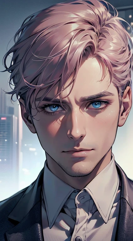 (best quality,4k,8k,highres,masterpiece:1.2),ultra-detailed,(realistic,photorealistic,photo-realistic:1.37),cinematic lighting,1:4 hdr image,a mature man, 32 years old,very handsome,cold expression,short grey pink hair,blue eyes,flawless face,buttoning his jacket,CEO