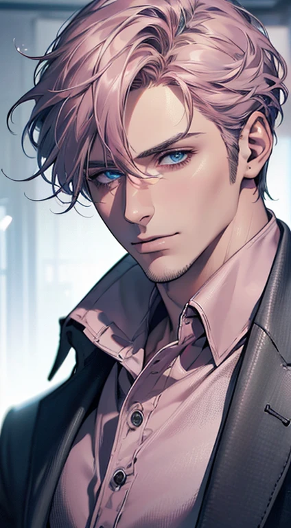 (best quality,4k,8k,highres,masterpiece:1.2),ultra-detailed,(realistic,photorealistic,photo-realistic:1.37),cinematic lighting,1:4 hdr image,a mature man, 32 years old,very handsome,cold expression,short grey pink hair,blue eyes,flawless face,buttoning his jacket,CEO
