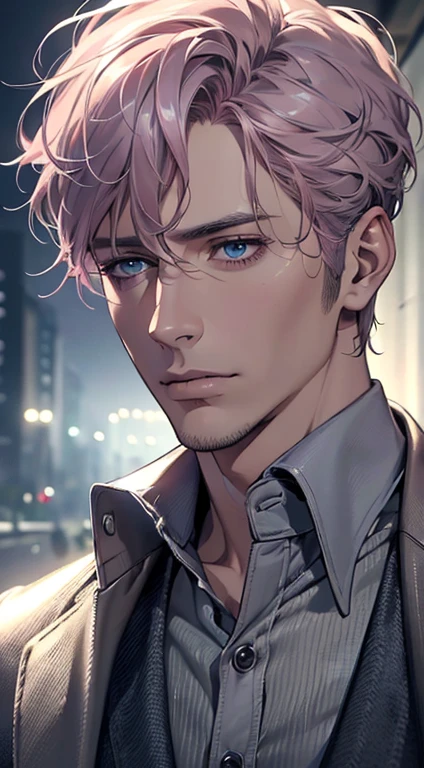 (best quality,4k,8k,highres,masterpiece:1.2),ultra-detailed,(realistic,photorealistic,photo-realistic:1.37),cinematic lighting,1:4 hdr image,a mature man, 32 years old,very handsome,cold expression,short grey pink hair,blue eyes,flawless face,buttoning his jacket,CEO