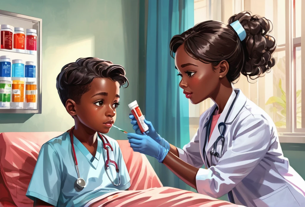 A female doctor taking blood sample from a boy of , indoor, hospital, black skinned
(masterpiece best quality:1.2) delicate illustration ultra-detailed, illustrations, bright, colourful,