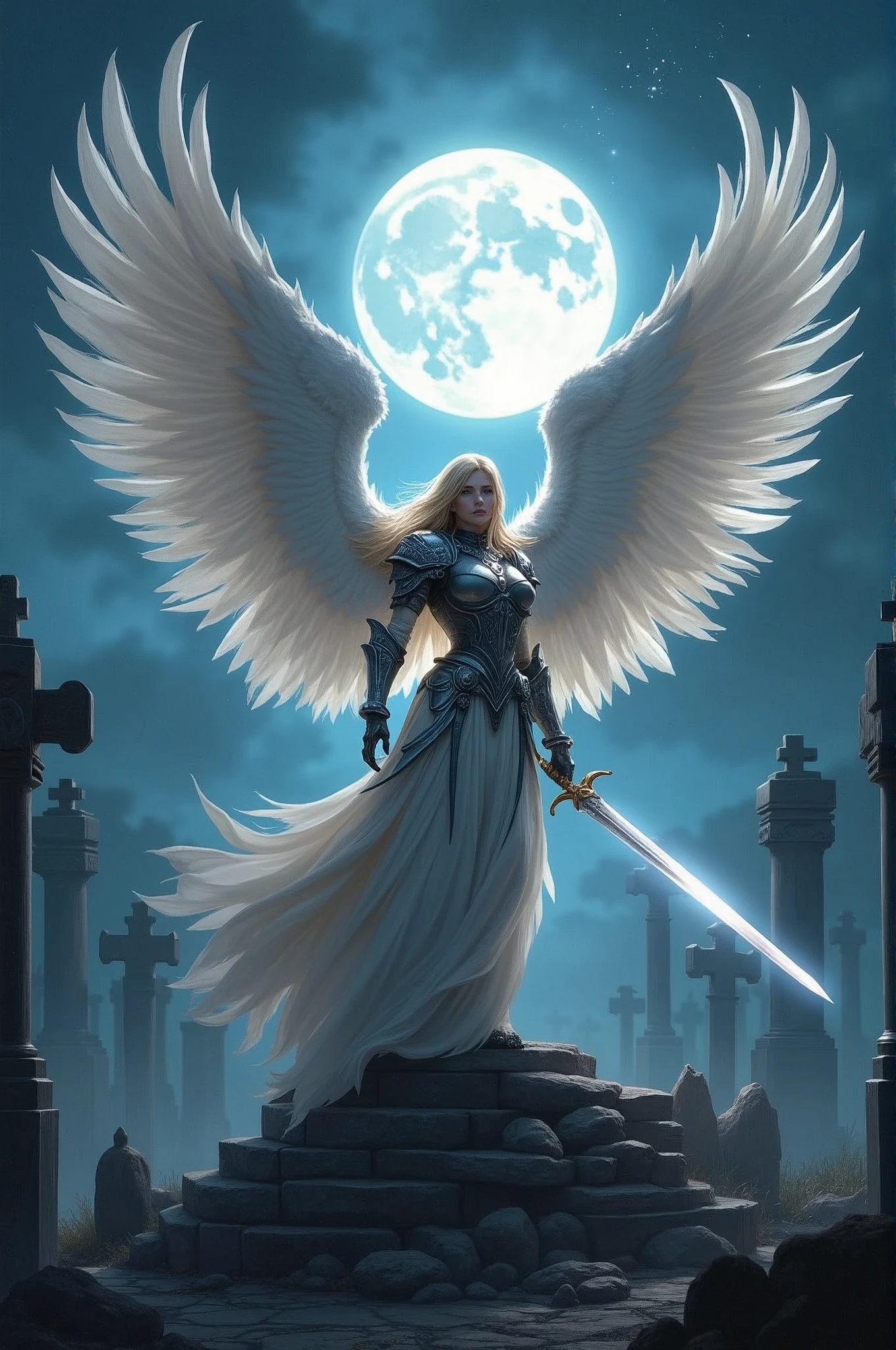 an epic fantasy art of aasimar, female, paladin ready for battle under the full moon, holy warrior, spread large feathered wings, (wings sprouting from the back: 1.3), majestic wings, white angelic wings spread (Masterpiece, intense details: 1.5), moon light, moon, stars, clouds, holy symbol, armed with a divine sword, wearing holy armor, dynamic hair color, dynamic hair style, dynamic skin complexion, dark fantasy cemetery background, anatomically correct (Masterpiece 1.3, intense details), angel_wings, determined face, god rays, cinematic lighting, glowing light, silhouette, from outside, photorealism, panoramic view (Masterpiece 1.3, intense details) , Wide-Angle, Ultra-Wide Angle, 16k, highres, best quality, high details, 16K, ultra detailed, masterpiece, best quality, (extremely detailed), arafed, dnd art, portrait, full body,