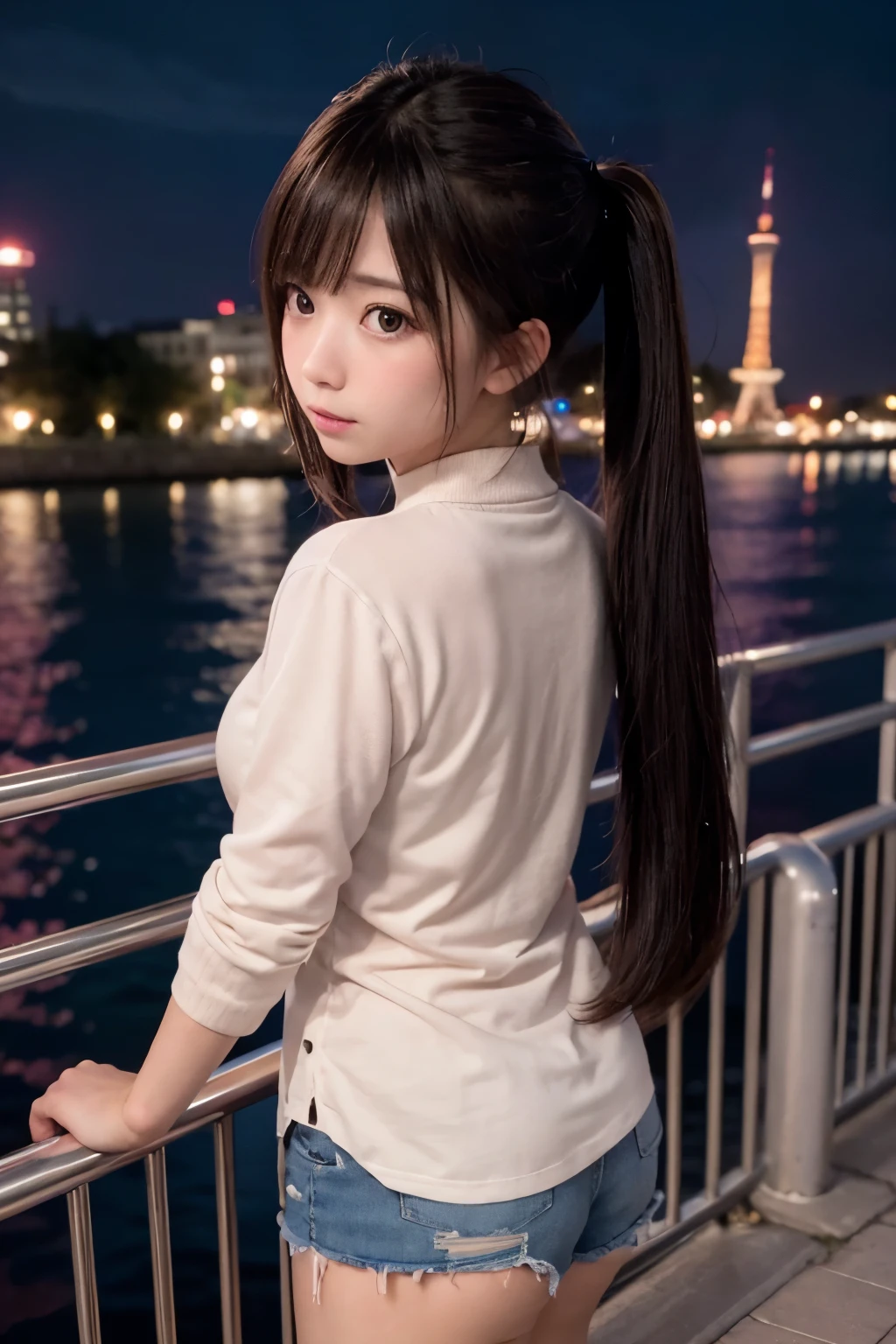 8K, RAW Photo, Best Quality, Masterpiece, Realistic, PhotoRealistic, Extremely Detailed 8K Wallpaper, Beautifully Detailed Eyes, Finely Detailed Face, 
 BREAK 
Cinematic Lighting, 
 BREAK 
1 Girl, ((s-bridge:1.6, sparkle:1.6, t-skytree:1.6, Night, building:1.6, reflection)), 
 BREAK 
Perfectly Anatomically Correct, 5 Beautiful Thin Finger, 
 BREAK 
1 Girl, (Very Short Twin Tail Hair), (Reaching Hands), 
Japanese, Kawaii, Captivating Eye Reflections, Wide-Set Eyes, Very White Skinned, Blush, Embarrassed, -Yeld, Bn Hair, Wet Hair, Open Mouse, [Pouted Cheek], 
Light Smiling, 
Wearing Polo Shirt + Very Short Shorts, 
(Looking Back Viewer), 
 BREAK 
SFW, 
 BREAK 
((Ground-Level Shot, Long Shot)), Soft Saturation, Soft Contrast, Bokeh:1.0