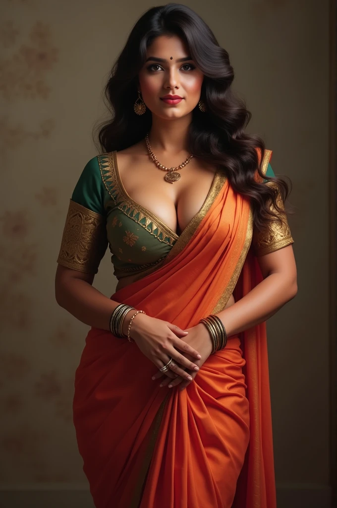 A beautiful curvy indian girl with big breasts (wearing saree), hyper realistic