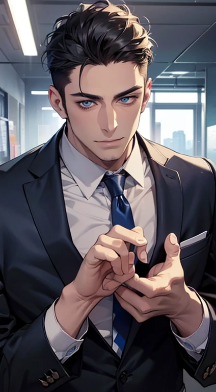 (best quality,4k,8k,highres,masterpiece:1.2),ultra-detailed,(realistic,photorealistic,photo-realistic:1.37),1 man,31 years old,mature man,very handsome,without expression,smile,short blue back hair,blue eyes,penetrating gaze,perfect face without errors,imposing posture,businessman,office background,cinematic lighting,hdr image