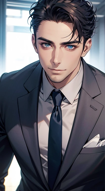 (best quality,4k,8k,highres,masterpiece:1.2),ultra-detailed,(realistic,photorealistic,photo-realistic:1.37),1 man,31 years old,mature man,very handsome,without expression,smile,short blue back hair,blue eyes,penetrating gaze,perfect face without errors,imposing posture,businessman,office background,cinematic lighting,hdr image