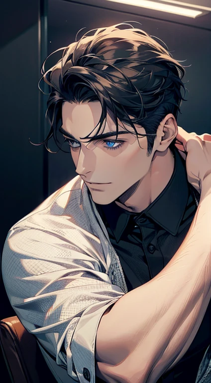 (best quality,4k,8k,highres,masterpiece:1.2),ultra-detailed,(realistic,photorealistic,photo-realistic:1.37),1 man,31 years old,mature man,very handsome,without expression,smile,short blue back hair,blue eyes,penetrating gaze,perfect face without errors,imposing posture,businessman,office background,cinematic lighting,hdr image