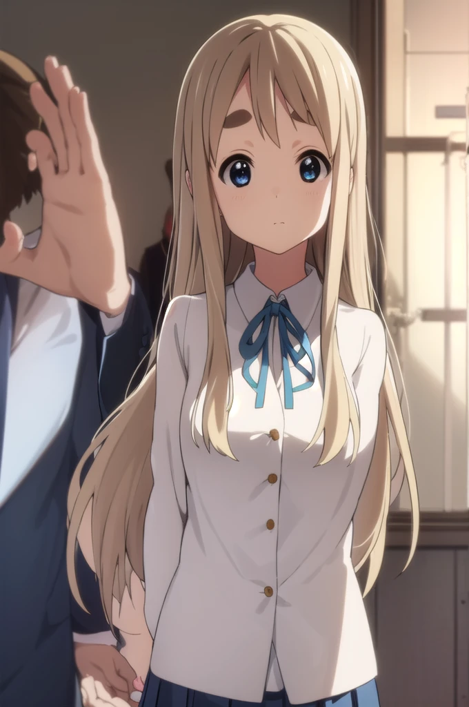 Tsumugikotobuki, tsumugi kotobuki, One girl, alone, Long Hair, blue eyes, Blonde, Thick eyebrows, break sakuragaoka high school uniform, school uniform, uniform, blazer, shirt, white shirt, collared shirt, skirt, pleated skirt, break indoors, classroom, break looking at viewer, (Cowboy Shot:1.5), break (masterpiece:1.2), Highest quality, unity 8k wallpaper, (figure:0.8), (Beautiful attention to detail:1.6), Highly detailed face, Perfect lighting, Highly detailed CG, (Perfect hands, Perfect Anatomy), (3D Face:1.1), (Shiny skin:1.5), (Ultra-high resolution intricate face details), (Facial skin pores:1.3), Ultra high resolution cloth texture, Swayback stance:1.5, armpit:1.6, arms behind back, Large Breasts