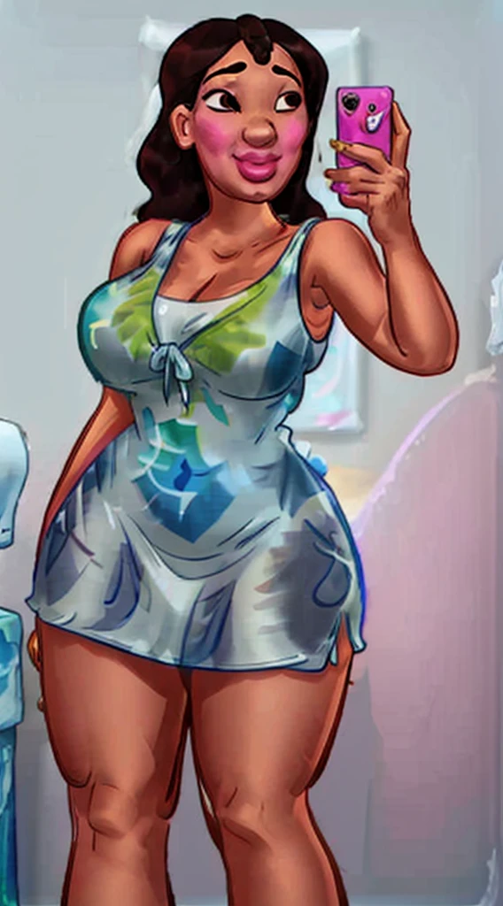 araffe 1girl (naniwaifu:1), (16yearsold), 16 years old, young divine feminine girly, angelically face, brow skin, black skin, brown sugar skin, detailed realistic skin, cute , gorgeous, naughty, large huge shaped worked buttocks, taking a selfie in a bathroom mirror,(( tie_dye print tight dress)), tight attire, ((skintight mini dress)), skinny waist and thick hips, big sexy booty, sexy dress, short Lycra minidress, slluty girl , doujin 16 years old, thicc, voluptuous photo of slim girl, huge saggy breasts , devil smile, in tie_dye print tight short dress, hyper intricate detailed,