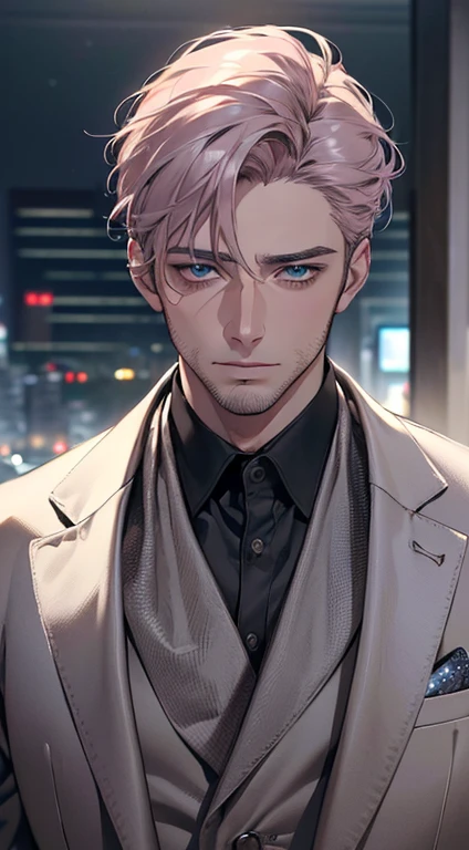 (best quality,4k,8k,highres,masterpiece:1.2),ultra-detailed,(realistic,photorealistic,photo-realistic:1.37),cinematic lighting,1:4 hdr image,a mature man, 32 years old,very handsome,cold expression,short grey pink hair,blue eyes,flawless face,buttoning his jacket,CEO