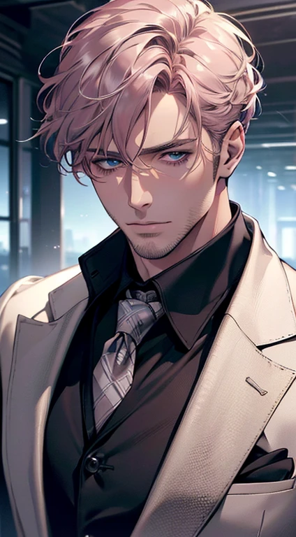 (best quality,4k,8k,highres,masterpiece:1.2),ultra-detailed,(realistic,photorealistic,photo-realistic:1.37),cinematic lighting,1:4 hdr image,a mature man, 32 years old,very handsome,cold expression,short grey pink hair,blue eyes,flawless face,buttoning his jacket,CEO