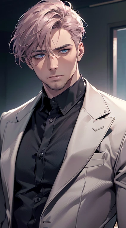 (best quality,4k,8k,highres,masterpiece:1.2),ultra-detailed,(realistic,photorealistic,photo-realistic:1.37),cinematic lighting,1:4 hdr image,a mature man, 32 years old,very handsome,cold expression,short grey pink hair,blue eyes,flawless face,buttoning his jacket,CEO