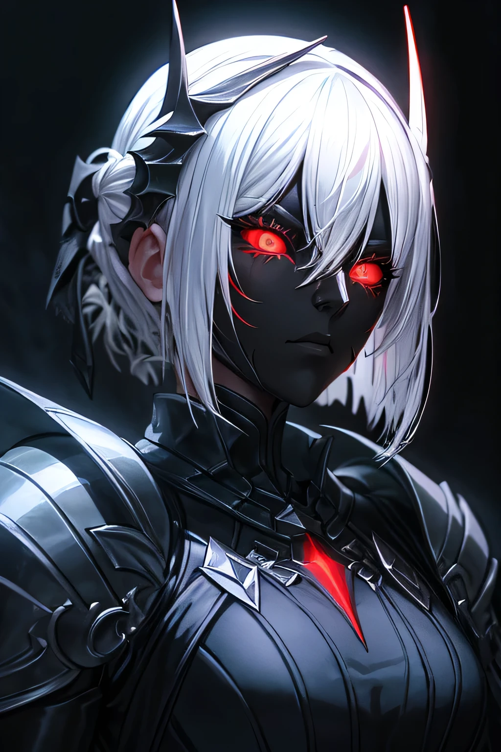 A young woman with white half-shaved sidecut hair, white skin, sharp face concealed by a full-face black theatrical mask, aloof expression, red eyes, red eyeballs, long slender limbs, long slender fingers, slim body, black scarf, black armor, DRK_Glam, MEvil, masterpiece,photorealistic,film grain,dark lighting,moody atmosphere,dramatic chiaroscuro lighting,cinematic,digital painting