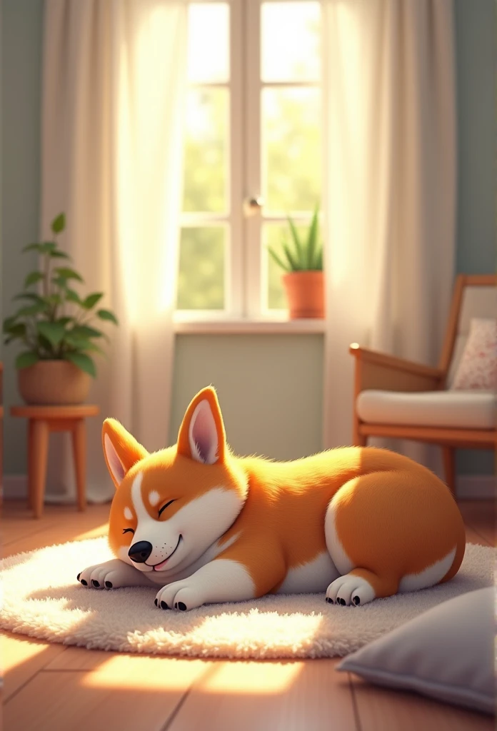 Scene Description:
A peaceful and cozy afternoon inside a softly lit room. A Welsh Corgi Pembroke is lying comfortably on a fluffy rug, with its legs and paws stretched out lazily. The sunlight filters gently through a nearby window, casting warm, soft shadows across the room. The Corgi is in a deep, restful sleep, its eyes closed and its body completely relaxed. The room has a warm, inviting atmosphere, with neutral tones and soft textures. A few decorative items, such as a small potted plant and a couple of cushions, add a homely touch.
Detailed Elements:
Lighting: Soft, warm afternoon sunlight coming through a window, creating gentle shadows and a serene atmosphere.
Corgi's Pose: The Corgi is lying on its side, with its legs and paws extended in a relaxed manner. Its body is slightly curled, and it looks content and peaceful.
Corgi's Expression: Eyes closed, ears relaxed, mouth slightly open or closed with a calm and happy expression.
Room Setting: A cozy, modern living room with light-colored walls and wooden floors. A fluffy, comfortable rug under the Corgi, possibly in a neutral or pastel color.
Additional Details: A window with soft curtains partially drawn, a small potted plant near the window, and a couple of soft cushions or throw pillows on the floor nearby.
Style:
Art Style: Realistic with a touch of warmth and softness.
Color Palette: Warm, neutral tones with soft lighting. The Corgi's fur should have natural colors with highlights from the sunlight.
Texture: Soft, detailed fur on the Corgi, and a cozy, fluffy texture for the rug.
