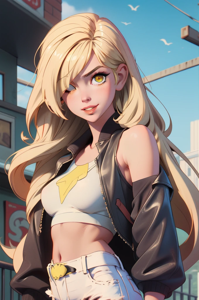 (Masterpiece), Best Quality, ultra-detailed, 1girl (lusamine, Slender and sexy body, Big and pretty breasts, blonde_hair, very long hair (hair over one eye:1.3), yellow eyes, half-closed  eyes), a  seductive face,  wicked smile, parted lips, solo, black leather jacket,  white tank_top, navel,  denim  hot pants, outdoors, street,  standing, Sexy waist teasing 