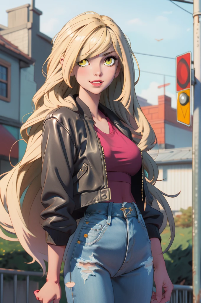 (Masterpiece), Best Quality, ultra-detailed, 1girl (lusamine, Slender and sexy body, Big and pretty breasts, blonde_hair, very long hair (hair over one eye:1.3), yellow eyes, half-closed  eyes), a  seductive face,  wicked smile, parted lips, solo, black leather jacket,  white tank_top, navel,  denim  hot pants, outdoors, street,  standing, Sexy waist teasing 