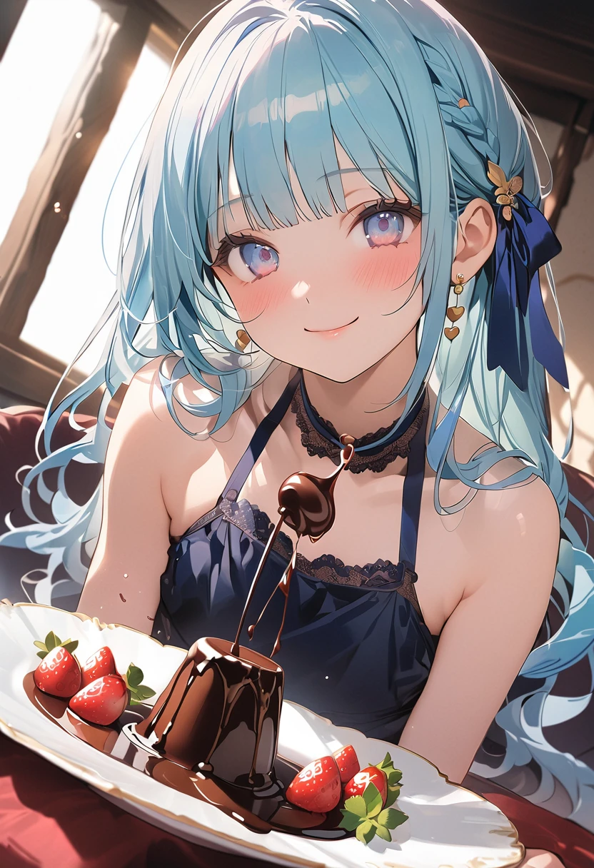 (Cute a Crystal glass girl:1.5), (masterpiece:1.3), anime visual, (a gril with Body and face made of crystal glass, semi long twin braids wavy hair, pale purple blunt bangs hair, dark green eyes,smiling:1.3), (tilt head:1.3), extremely delicate face, realistic lighting and shading, The girl is wearing a jet black maid outfit, white brim, and apron dress, and is brewing coffee with a siphon in a retro coffee shop,
