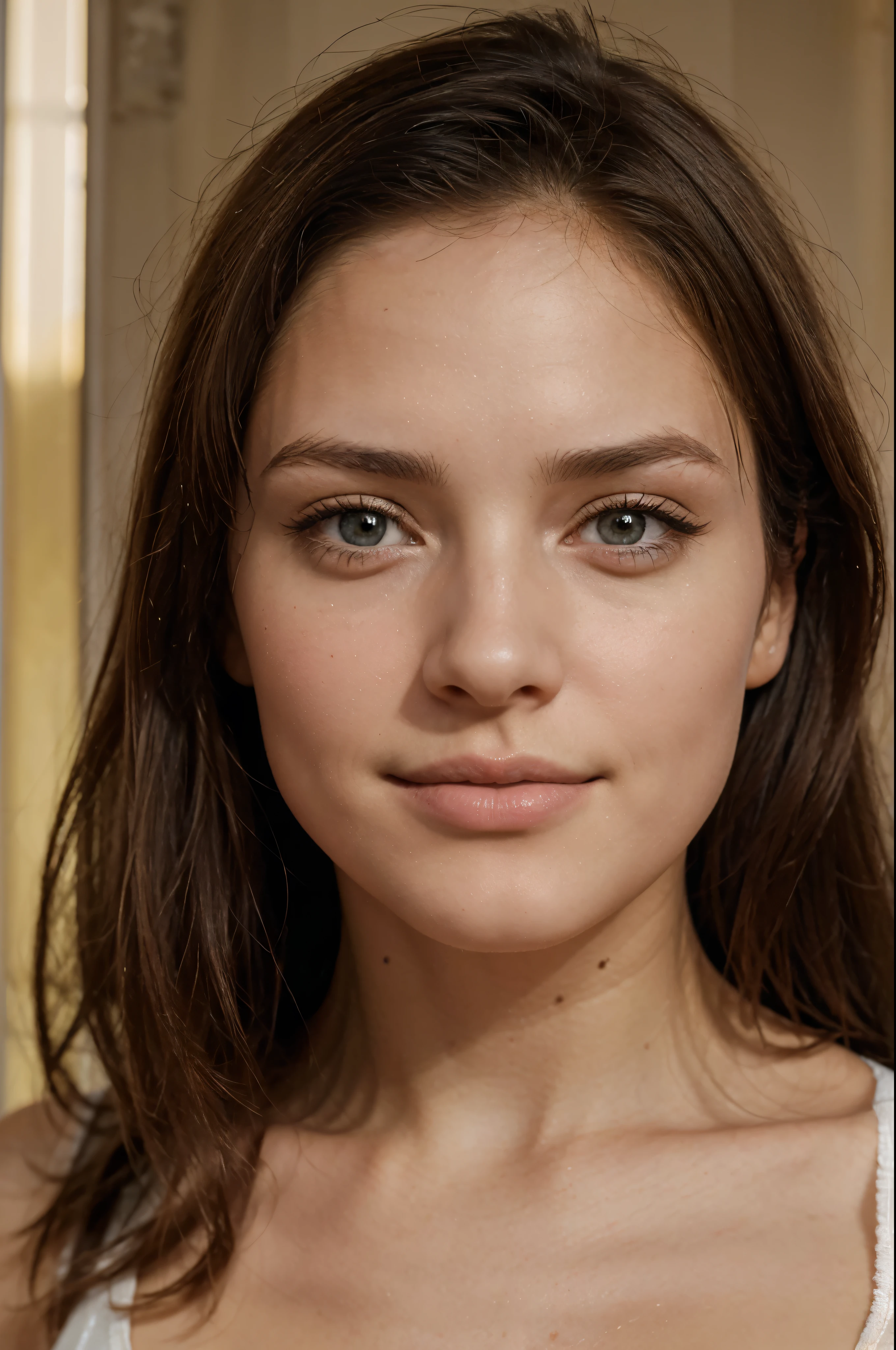 Jolie belle brune avec un pull jaune , Visage innocent, cheveux naturellement ondulés, yeux bleus en amende, gros Grain de beauté visible sur la joue en haute résolution, Chef-d'œuvre, meilleure qualité, détails compliqués, très détaillé, netteté, peau détaillée, réalistee Haut texture , texture, Yeux détaillés, Professionnel, 4k, Sourire charmant, prise avec Canon, 85 millimètres, Profondeur de champ légère, Kodak Vision Couleur, corps parfaitement ajusté, extrêmement détaillé. Beaucoup de grain de beauté sur le visage, visage avec des imperfections, des rides visible