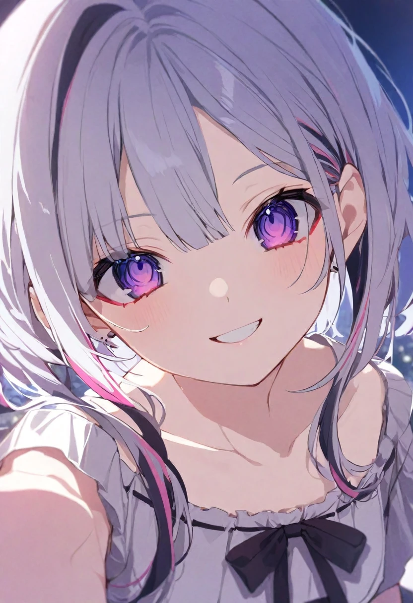 (muste piece), (best quality), (score_9, score_8_up, score_7_up), very detailed eyes, expressive eyes, perfect face, very detailed face, highly detailed face, beautiful girl, 8K, beautiful girl, white background, delicate and beautiful face and eyes, dark intense shadow, Ultra-high resolution, Movie Lighting, (Fuji Color: 1.2) portrait,
1 girl, vtuber style, cool girl, hololive, vtuber, amane kanata, multicolored hair, grey hair, sharp eyes, purple eyes, small chest, collarbone, Smile, (Close-up of face), Looking at the audience, night,