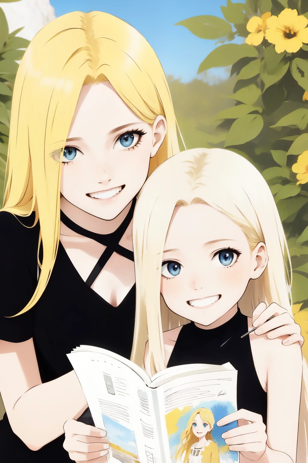 A mother and daughter yellow hair blue eyes on a magazine cover, vibrant colors, high-resolution, realistic portrayal, fashion-forward, loving bond, trendy attire, captivating smiles, natural beauty, professional lighting, contemporary style, artistic composition