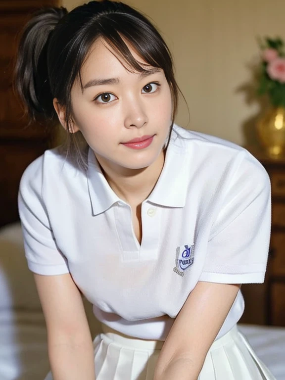 (Masterpiece, Best quality: 1.4), (Ultra realistic, Photo-realistic: 1.2), Full body, (kneeling: 1.3), Looking at viewer, Natural light, 28 years old actress, Japanese women, (arms behind back: 1.2), Neat and clean, ((Wearing white tennis uniform, White polo shirt with collar, Not buttoning the polo shirt, White pleated tennis skirt: 1.2)), (ponytail: 1.2), Light brown hair color, (Beautiful Face), Oval face, clear, (Beautiful eyes, Kind eyes), (Clear skin), Small face, (Small mouth, Beautiful mouth), Natural makeup, Approachable, Hotel Suite room,On bed, (nsfw:1.1), Seductive, Seductive pose, Beautiful thighs, Touch pussy, Bedroom eyes, Spread legs,